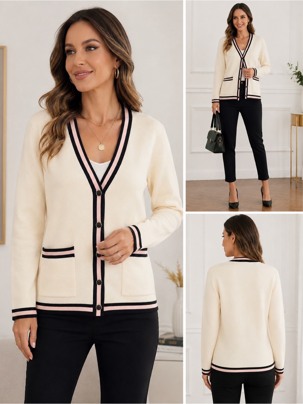 Anne Klein Cream Cardigan with Black & Pink Trim